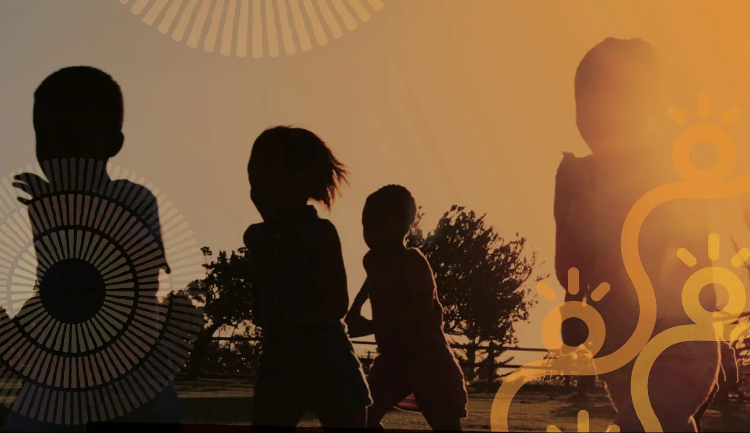 Children's silhouettes against a golden sunset, with the brand's sun motifs drawn over them in orange and yellow